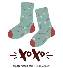 Concepto de diseño de vectores para el Día de San Valentín.С un par de calcetines festivos con una huella cardíaca. Tarjeta de felicitación vectorial para el 14 de febrero