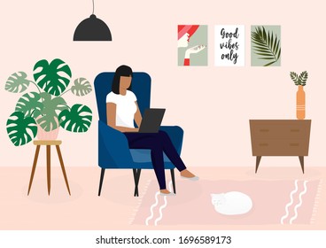 A vector design concept of a woman works remotely from home