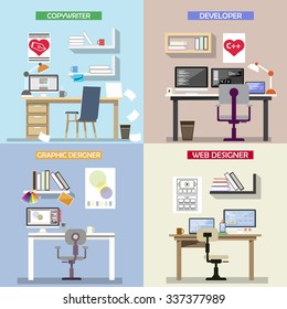 Vector design concept for working places. Set of office desks and spaces: programmer and developer, copywriter, designer. Office interior and icons in flat style. Table, chair, computer, books, desk