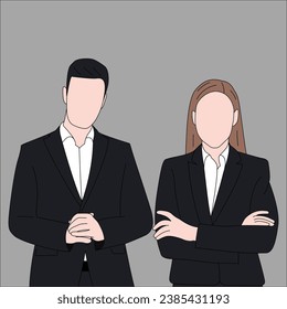 Vector design of confident young businessman and businesswoman in suit standing with arms folded