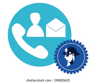 Vector design of construction worker with helmet with headlamp and safety glasses. illustration, contact icons, phone and envelope.