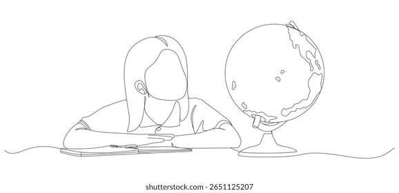  vector design continuous line little kid learning world map globe 