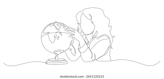  vector design continuous line little kid learning world map globe 