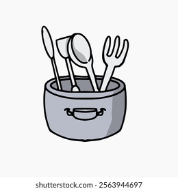 vector design of cooking utensils in a pan front view on a white background