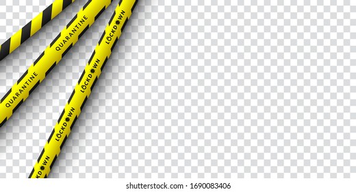 Vektorillustration-Design des Corona-Virus-Gefahrenhinweises in Gelb-und Schwarz-Streifen. Einzeln auf transparentem Hintergrund. Begrenzung der Zone des Virus, Quarantäne, Absperrung.Biogefährdungszeichen.