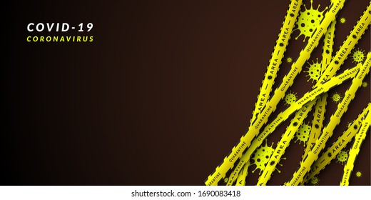 Vector design of corona virus danger warning in yellow and black stripes. Background with copy space. Dividing area Covid-19, quarantine, lockdown.