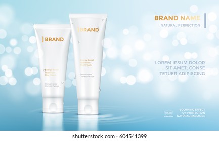 Vector design of cosmetic package advertising template for hand or face cream. Mock up tube on premium blue glitter background with bokeh.