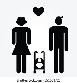 Vector design for couple with baby, card or poster with man sign pictograms male and female