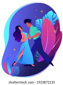 Vector design with couple dancing tango on dark background. Young couple dancing tango, vector. Tango Poster. Elegant couple dancing tango. Vector illustration