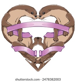 Vector design of Couple of otters in heart shape, Valentine's Day symbol with animals and ribbon, love of nature with marine mammal