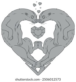 Vector design of Couple of otters in the shape of a heart, symbol of Valentine's Day with animals, love of nature with marine mammal