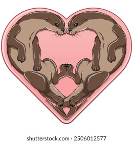 Vector design of Couple of otters in the shape of a heart, symbol of Valentine's Day with animals, love of nature with marine mammal