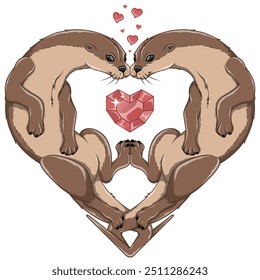 Vector design of Couple of otters in the shape of a heart, symbol of Valentine's Day with animals, love of nature with marine mammal