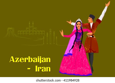 Diseño vectorial de Pareja interpretando la danza de Azerbaiyán de Irán