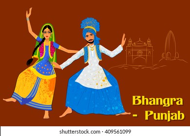 Vector design of Couple performing Bhangra folk dance of Punjab, India