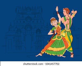 Vector design of Couple performing Bharatanatyam classical dance of Tamil Nadu, India