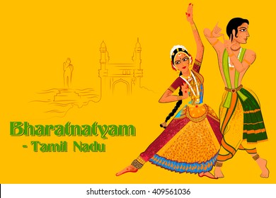 Vector design of Couple performing Bharatanatyam classical dance of Tamil Nadu, India