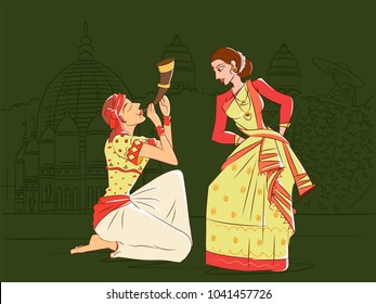 Vector design of Couple performing Bihu folk dance of Assam, India