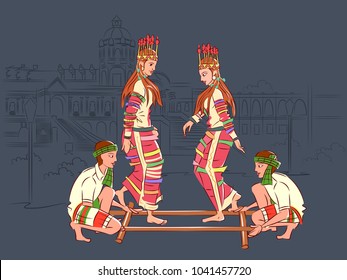 Vector design of Couple performing Cheraw folk dance of Mizoram, India