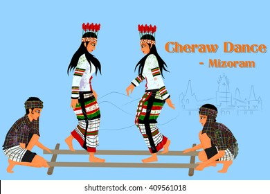 Vector design of Couple performing Cheraw folk dance of Mizoram, India