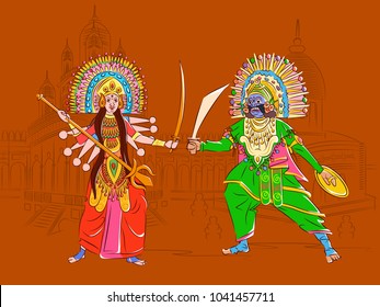 Vector design of Couple performing Chhau folk dance of Jharkhand, India