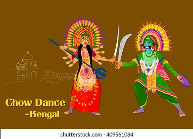Vector design of Couple performing Chhau folk dance of Jharkhand, India