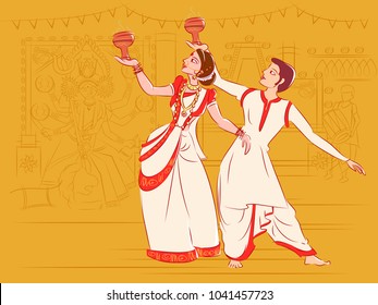 Vector design of Couple performing Dhunuchi dance of Bengal, India