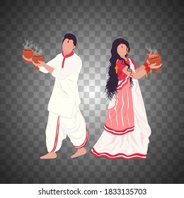 Vector design of Couple performing Dhunuchi dance of Bengal with transparent Background for Durga Pooja celebration in India.