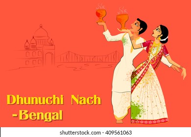 Vector design of Couple performing Dhunuchi dance of Bengal, India