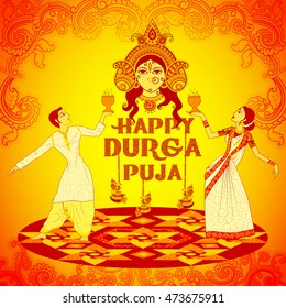 Vector design of Couple performing Dhunuchi dance of Bengal for Durga Puja in Indian art style