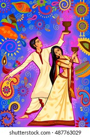 Vector design of Couple performing Dhunuchi dance of Bengal for Durga Puja in Indian art style