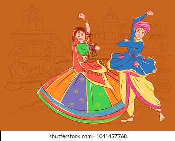 Vector Design Of Couple Performing Garba Folk Dance Of Gujarat, India