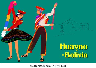 Vector design of Couple performing Huayno dance of Bolivia