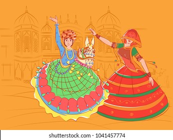 Vector design of Couple performing Kachhi ghodi folk dance of Rajasthan, India