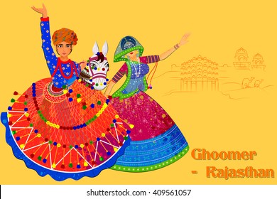 Vector design of Couple performing Kachhi ghodi folk dance of Rajasthan, India