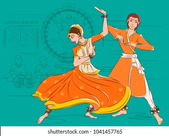 Vector design of Couple performing Kathak classical dance of Northern India