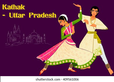 Vector design of Couple performing Kathak classical dance of Northern India