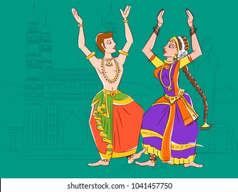 Vector design of Couple performing Kuchipudi classical dance of Andhra Pradesh, India