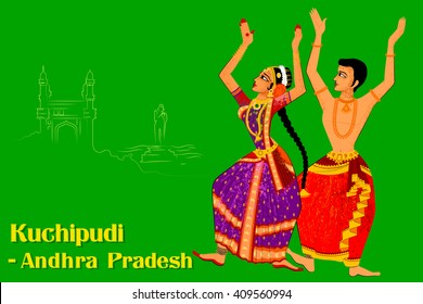 Vector design of Couple performing Kuchipudi classical dance of Andhra Pradesh, India