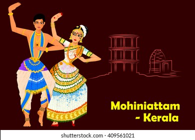 Vector Design Of Couple Performing Mohiniattam Classical Dance Of Kerala, India