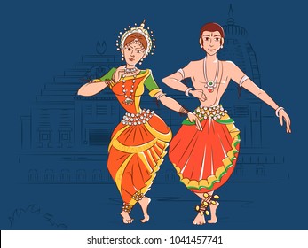 Vector design of Couple performing Odissi classical dance of Odisha, India