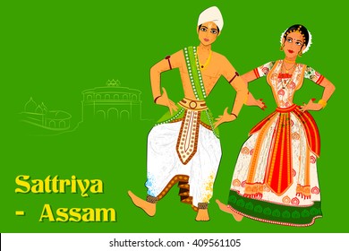 Vector design of Couple performing Sattriya classical dance of Assam, India