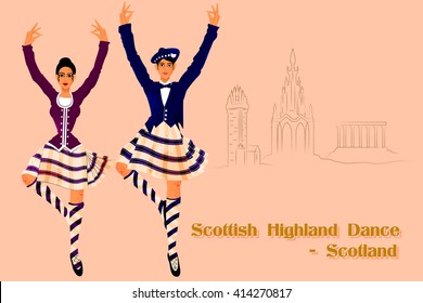 Vector Design Of Couple Performing Scottish Highland Dance Of Scotland