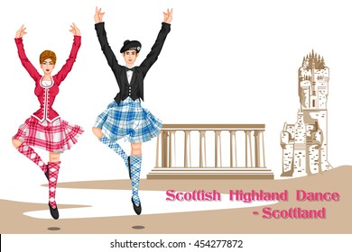 Vector design of Couple performing Scottish Highland dance from Scotland