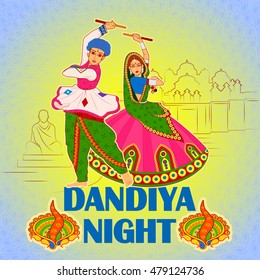 Vector design of couple playing Garba in Dandiya Night Navratri Dussehra festival