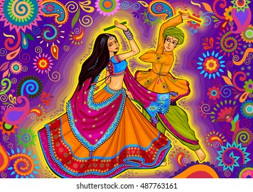 Vector design of couple playing Garba in Dandiya Night Navratri Dussehra festival