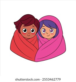 A vector design of a couple sharing a blanket, symbolizing warmth and love.