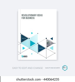 Vector design for cover annual report. Brochure or flyer in A4 with triangles and arrows for business and communication in flat style with grid connection concept. Abstract modern poster.