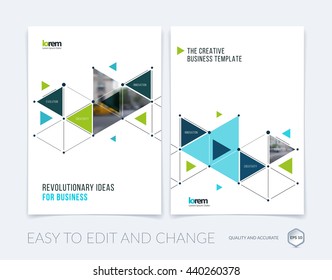 Vector design for cover annual report. Brochure or flyer in A4 with blue triangles and arrows for business and communication in flat style with grid connection concept. Abstract modern poster.