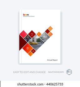 Vector design for cover annual report. Brochure or flyer in A4 with red squares and arrow for business and communication in flat style with mosaic connection concept. Abstract modern poster.